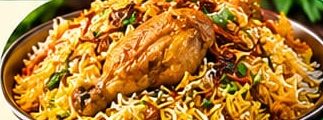 Chicken biryani with a whole chicken leg