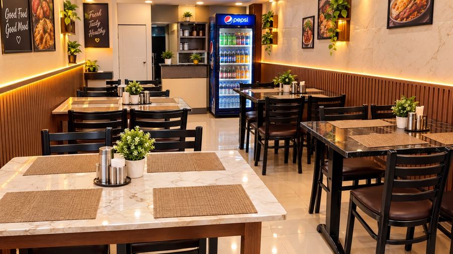 Panshi dining room with marble tables, black chairs and warm wall lighting