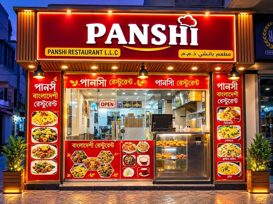 Panshi storefront at night with the OPEN sign lit and a snack display case